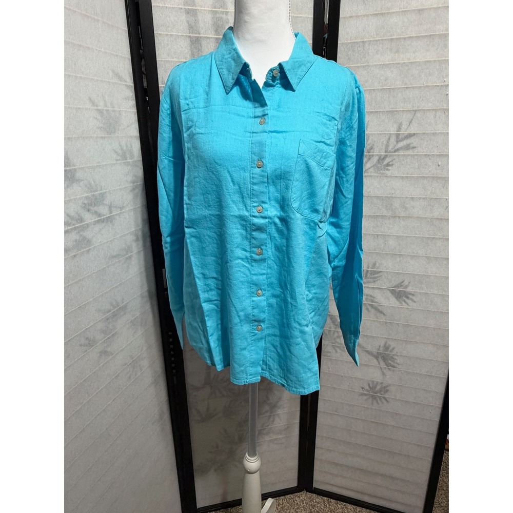 Candace Cameron Bure Linen Shirt Medium Blue Button Down Petite Coastal Boho - Picture 8 of 9